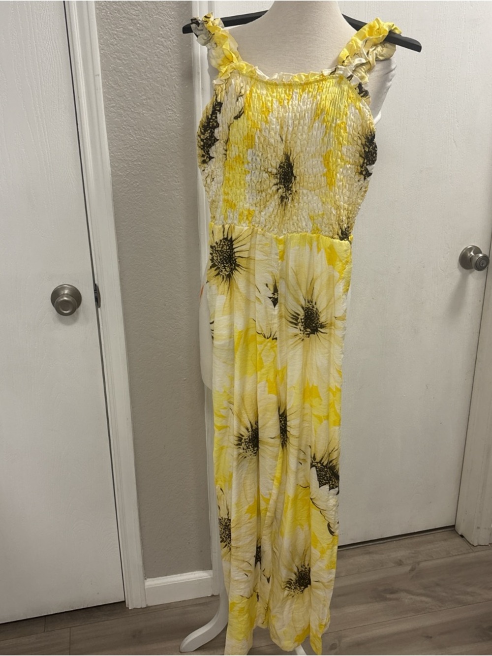 H&M Yellow and White Floral Smocked Maxi Jumpsuit